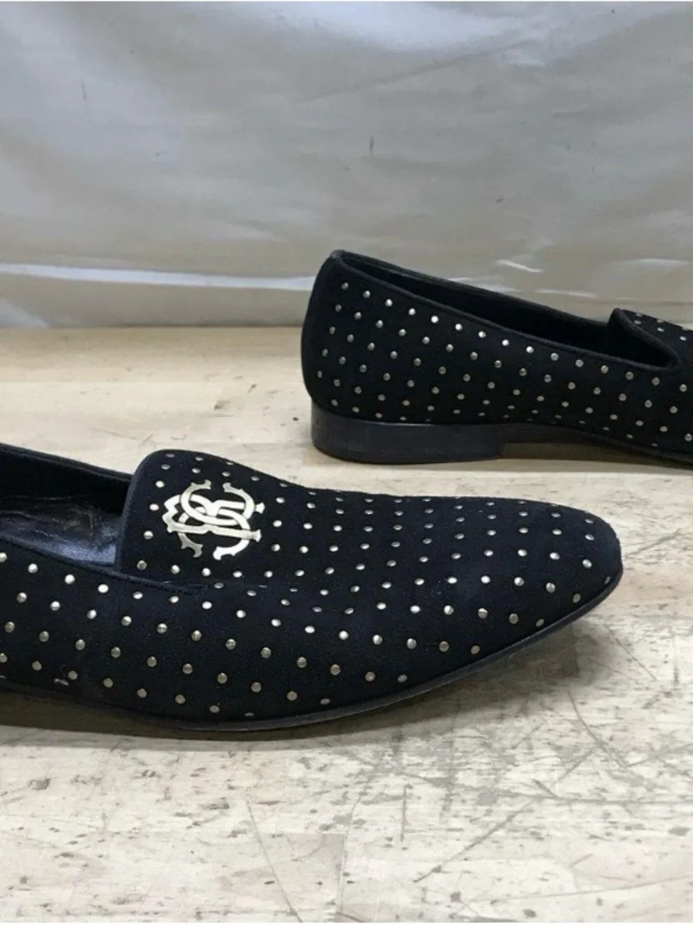 Roberto Cavalli Black Velvet Studded Slip-On Loafers with Gold Emblem Size 10 US